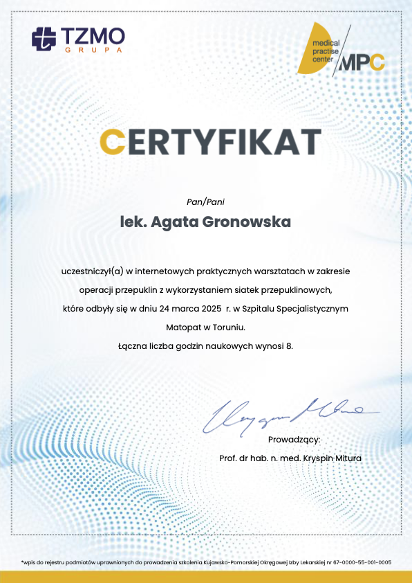Certyfikat online MPC warsztaty przepuklinowe A.Gronowska 2